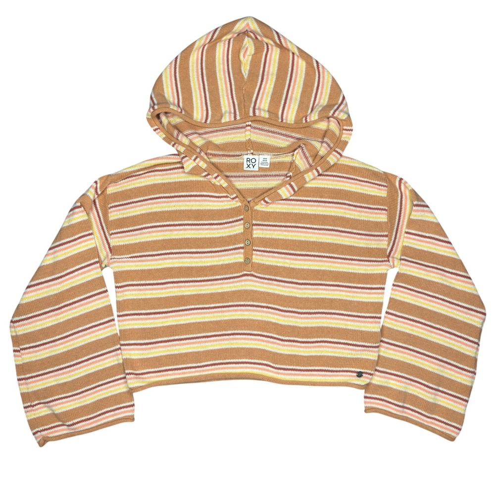 Roxy Sunset Stripes Knit Henley Hoodie S Cropped Bell Sleeve Sweater